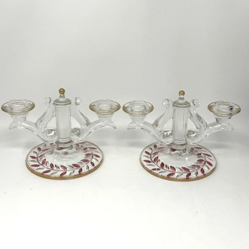 Indiana Glass Laurel‎ Double Arm Candle Holder Set 2 Gold Red Trim Accent 40s